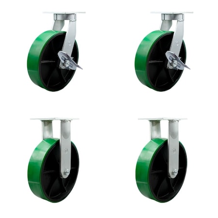 Service Caster 12'' Heavy Duty Green Poly on Metal Caster Set 2 Swivel Lock/Brake 2 Rigid, 4PK CRAN-KP92S1230-PUR-GB-SLB-BSL-2-R-2